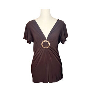 Vtg Y2K Tailor B. Moss Top M Brown V-Neck Slinky Cinched Boho Hippie Whimsigoth